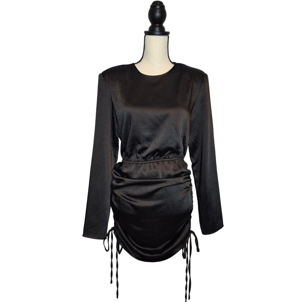 4th & Reckless Black Satin Ruched Tie Long Sleeve Mini Dress Cocktail Party Sz S